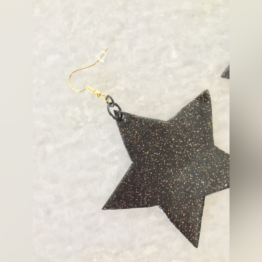 Large Black Stars with gold glitter accents handcrafted statement earrings β¨βοΈπ€ - Picture 8 of 13